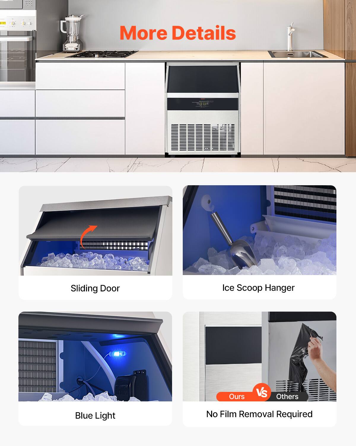 More Details
Sliding Door
Ice Scoop Hanger
Blue Light
No Film Removal Required
Ours VS Others