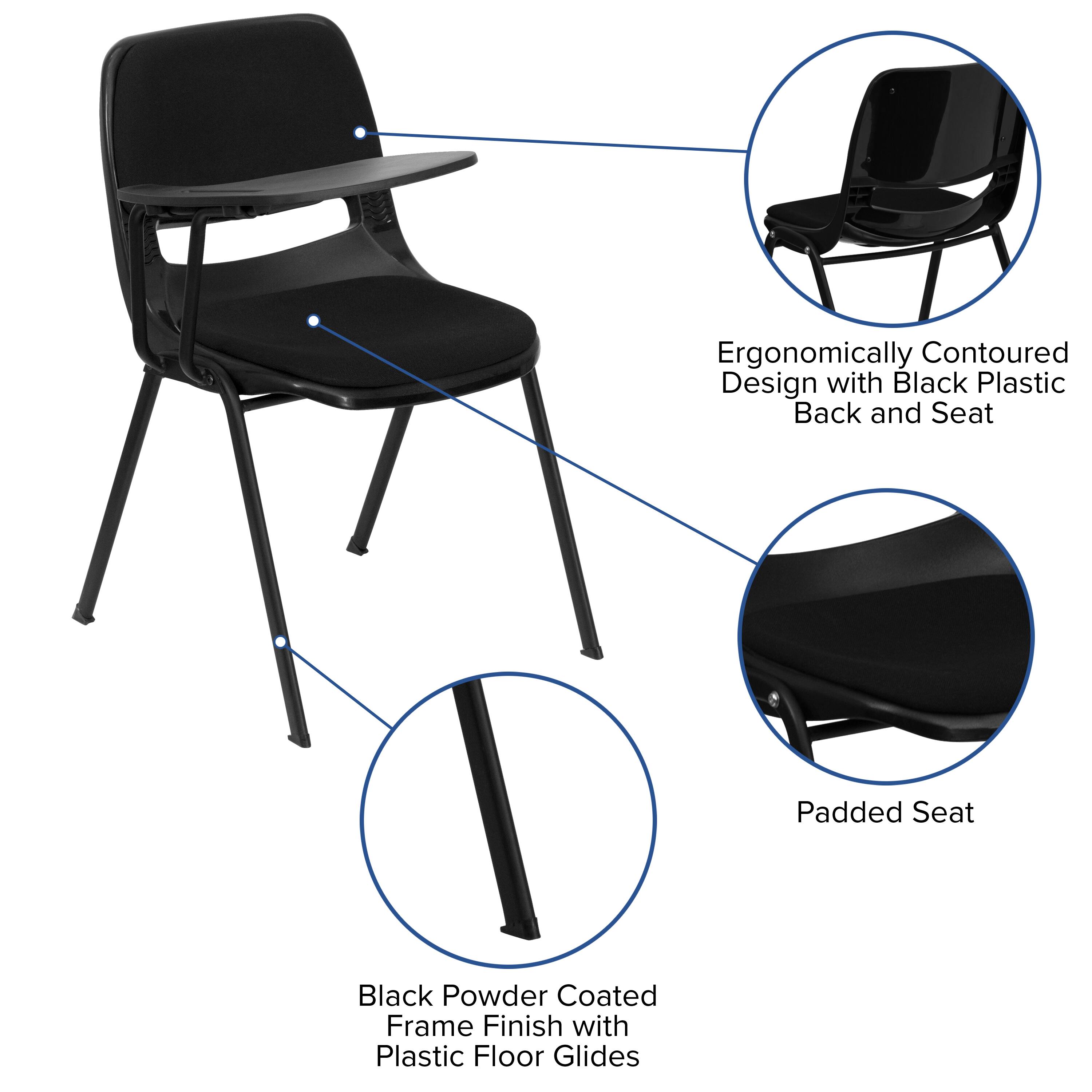 Ergonomically Contoured Design with Black Plastic Back and Seat  
Padded Seat  
Black Powder Coated Frame Finish with Plastic Floor Glides