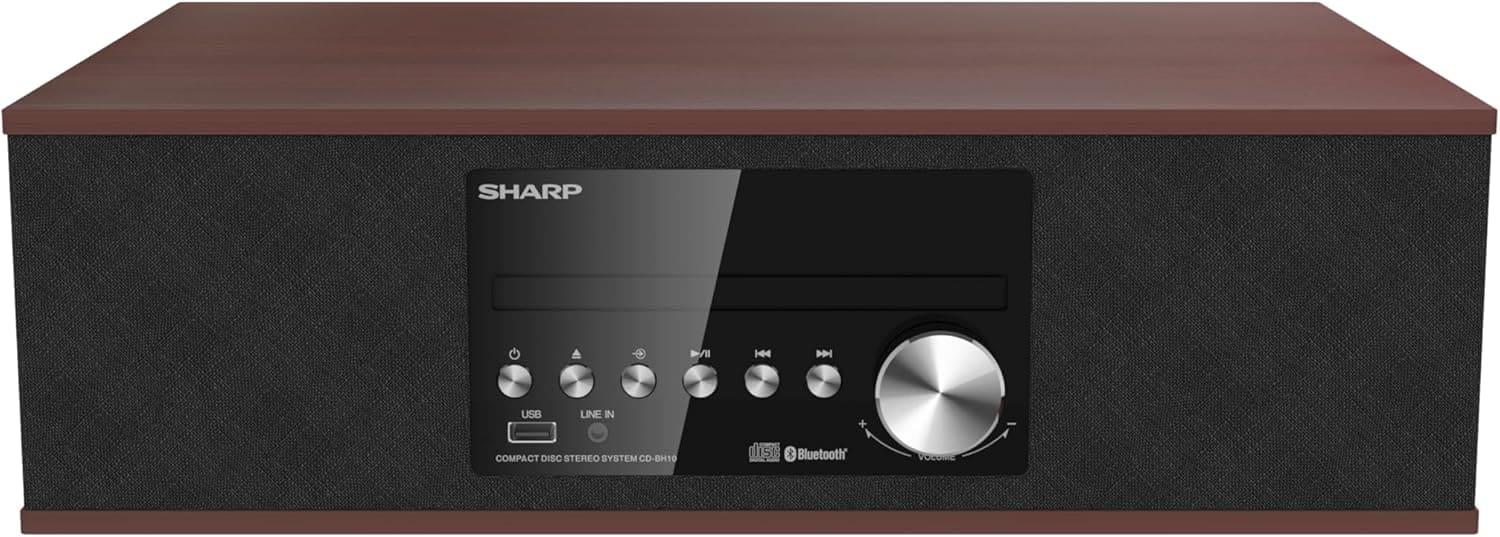 Sharp - CD-BH10 Retro Bluetooth CD Player & Wood Speaker System with USB, FM Tuner, AUX - Brown