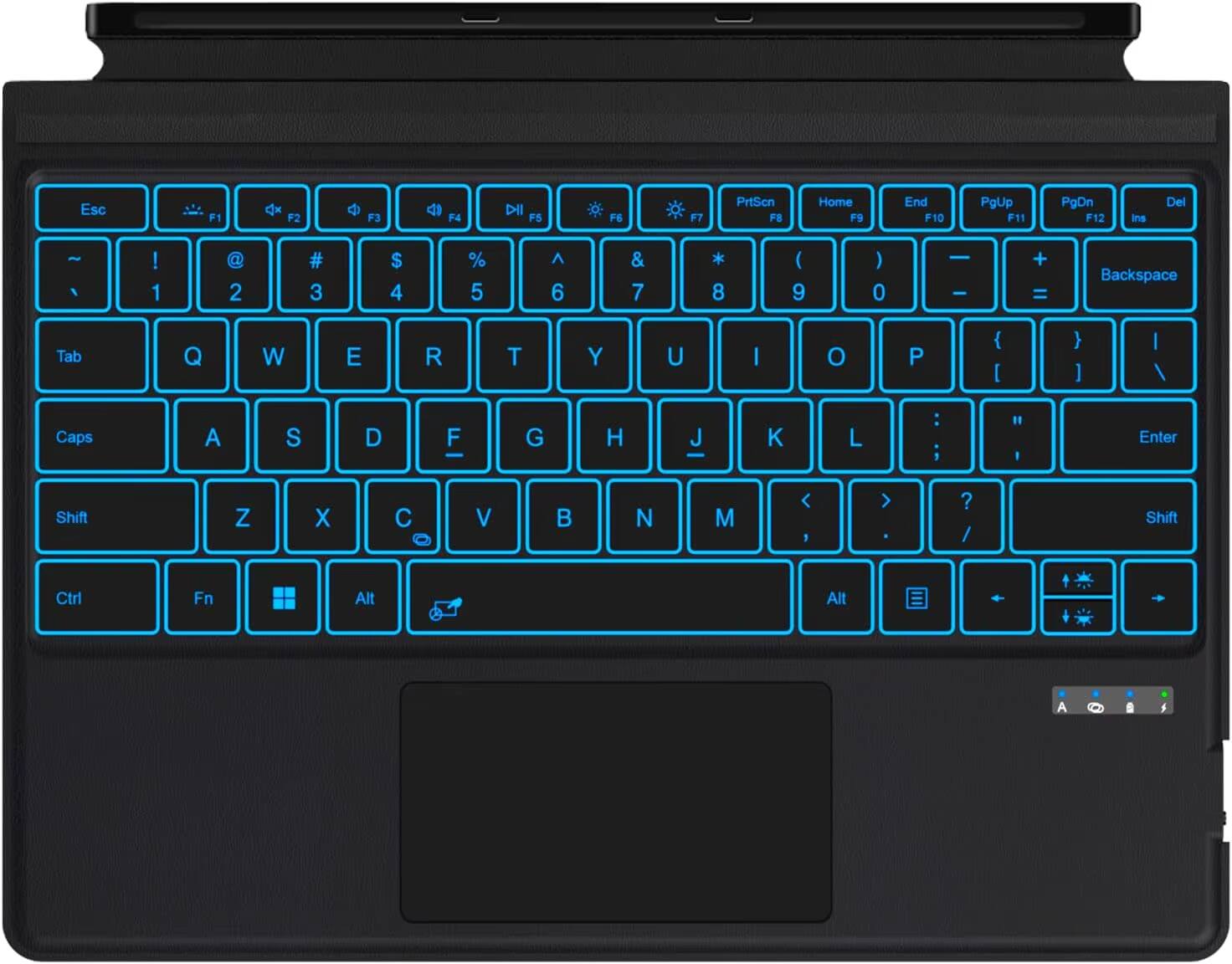 Esc F1 F2 F3 F4 F5 F6 F7 PrtScn Home F9 End F10 PgUp F11 PgDn F12 Ins Del  
` 1 2 3 4 5 6 7 8 9 0 - = Backspace  
Tab Q W E R T Y U I O P [ ] \  
Caps A S D F G H J K L ; ' Enter  
Shift Z X C V B N M , . / Shift  
Ctrl Fn Windows Alt Spacebar Alt  
Ctrl Fn Windows Alt