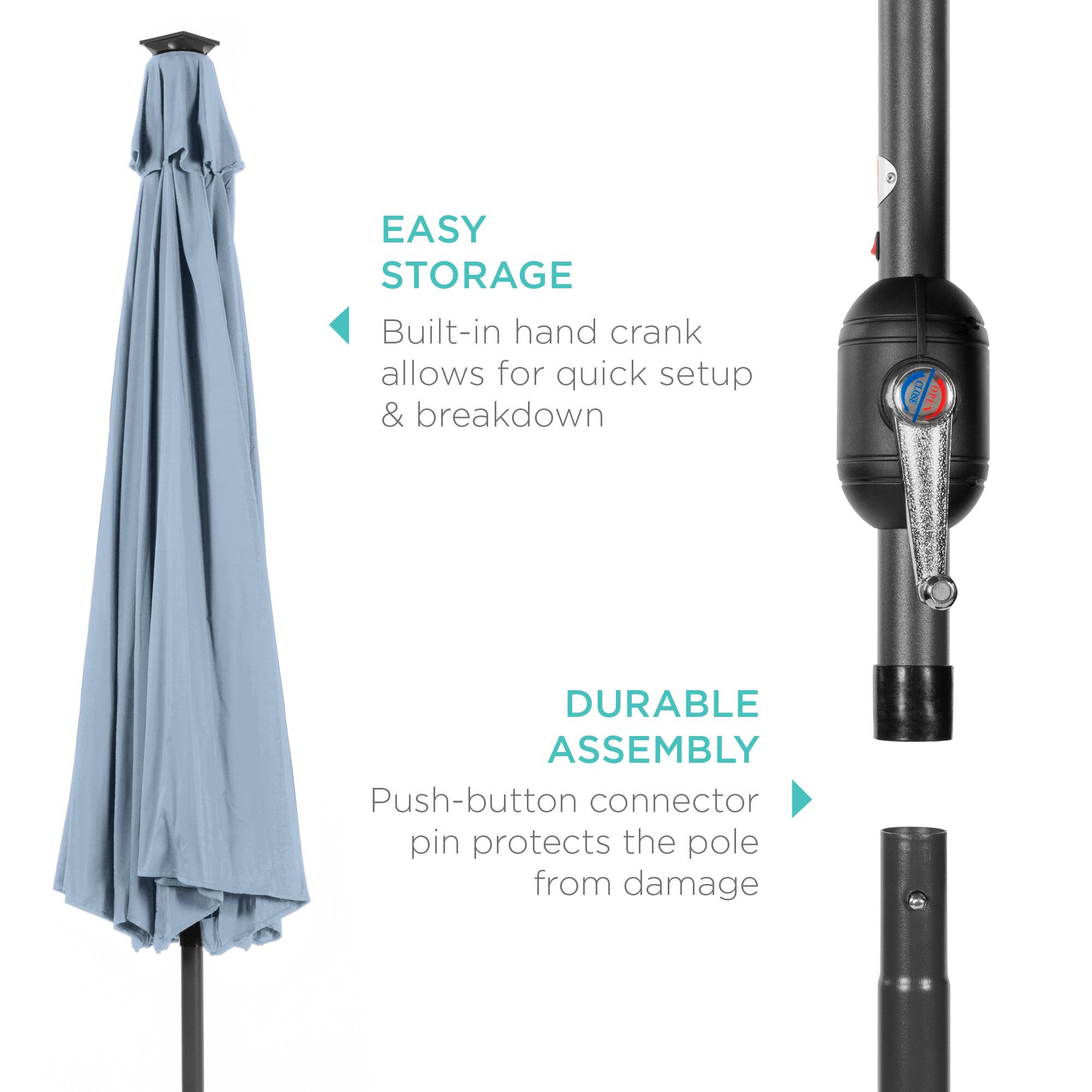 EASY STORAGE: Built-in hand crank allows for quick setup & breakdown.  
DURABLE ASSEMBLY: Push-button connector pin protects the pole from damage.