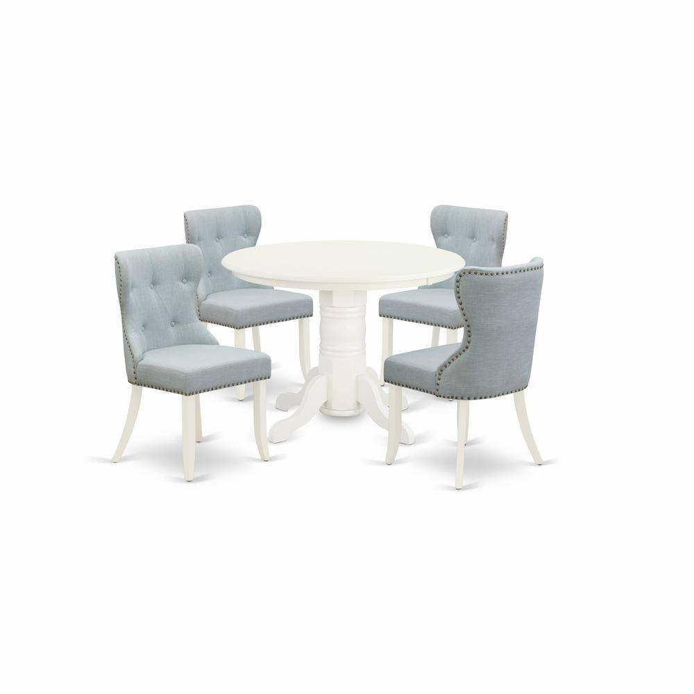 Left. East West Furniture - East-West Furniture SHSI5-WHI-15 - A dining room table set of 4 amazing parson chairs with Linen Fabric Baby Blue color - Linen White.