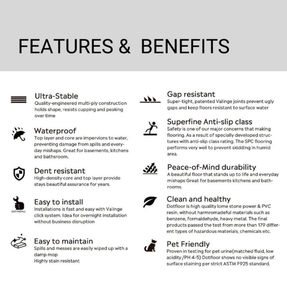 **FEATURES & BENEFITS**

- **Ultra-Stable**  
  Quality-engineered multi-ply construction holds shape, resists cupping and peaking over time

- **Waterproof**  
  Top layer and core are impervious to water, preventing damage from spills and everyday mishaps. Great for basements, kitchens and bathrooms.

- **Dent resistant**  
  High-density core and top layer provide stays beautiful assurance for years.

- **Easy to install**  
  Installations fast and easy with Valinge click system. Ideal for overnight installation without business disruption.

- **Easy to maintain**  
  Spills and messes are easily wiped up with a damp mop. Highly stain resistant.

- **Gap resistant**  
  Super-tight, patented Valinge joints prevent ugly gaps and keep floors resistant to surface water.

- **Superfine Anti-slip class**  
  Safety is one of our major concerns that making flooring. As a result of specially developed structures with anti-slip class rating. The SPC flooring performs very well to prevent skidding in humid area.

- **Peace-of-Mind durability**  
  A beautiful floor that stands up to life and everyday mishaps. Great for basements, kitchens and bathrooms.

-