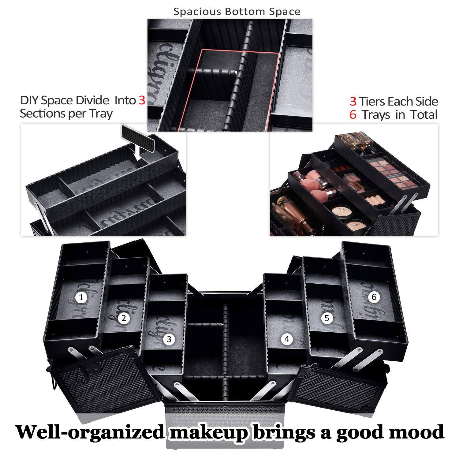 Spacious Bottom Space

DIY Space Divide Into 3 Sections per Tray

3 Tiers Each Side
6 Trays in Total

Well-organized makeup brings a good mood