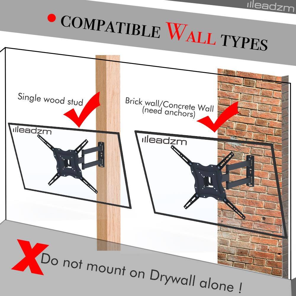 COMPATIBLE WALL TYPES

- Single wood stud
- Brick wall/Concrete Wall (need anchors)

Do not mount on Drywall alone!