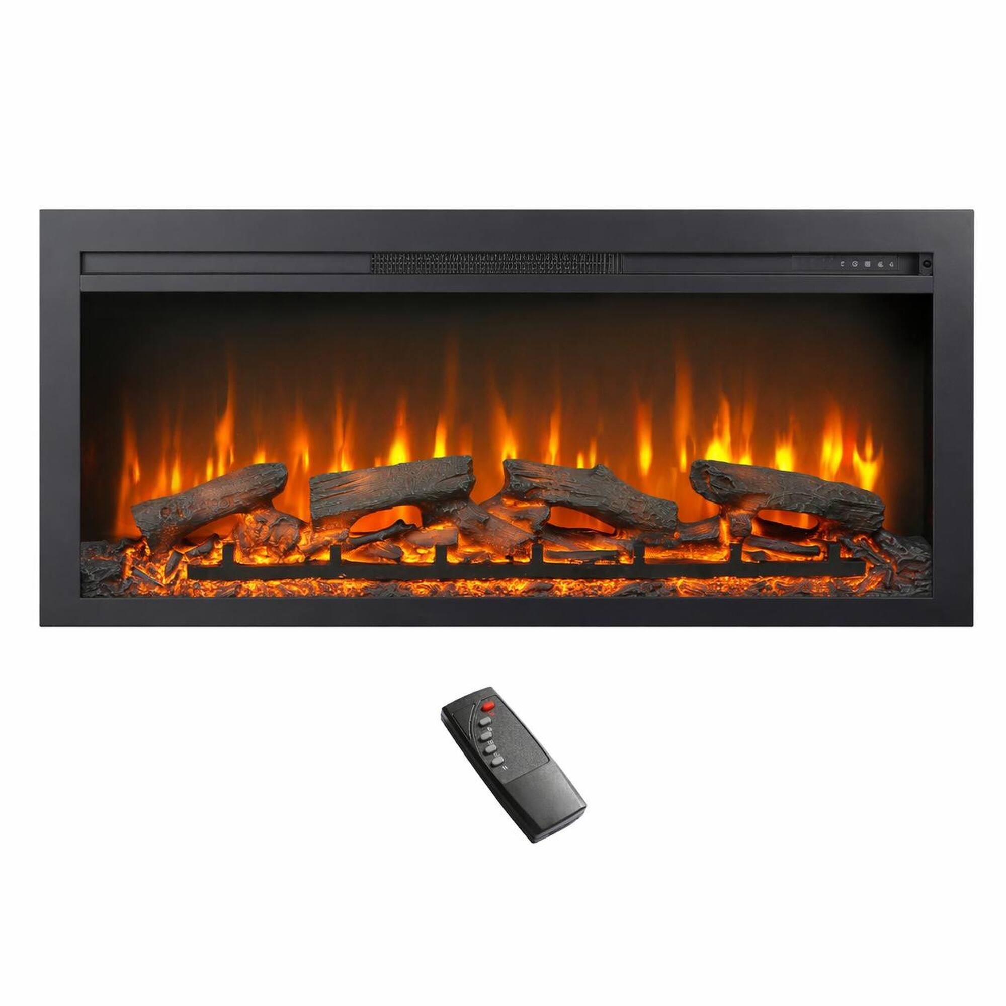Front. RYHNUYNE - 44 Inch Wall Recessed Electric Fireplace with Remote & Imitation Flame – LED Heater for Living Room Bedroom - Antique Black.