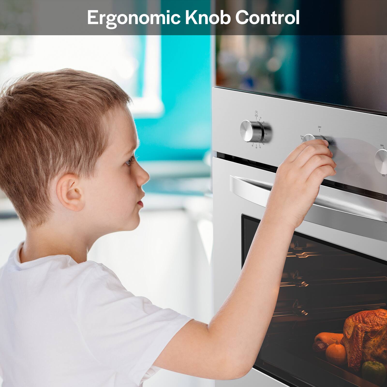 Ergonomic Knob Control: A young boy is reaching into an oven to grab a turkey.