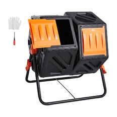 Front. VEVOR - Compost Bin,37-Gal Dual Chamber Composting Tumbler,High Volume Two Rotating Chambers with 2 Sliding Door and Steel Frame - Black.