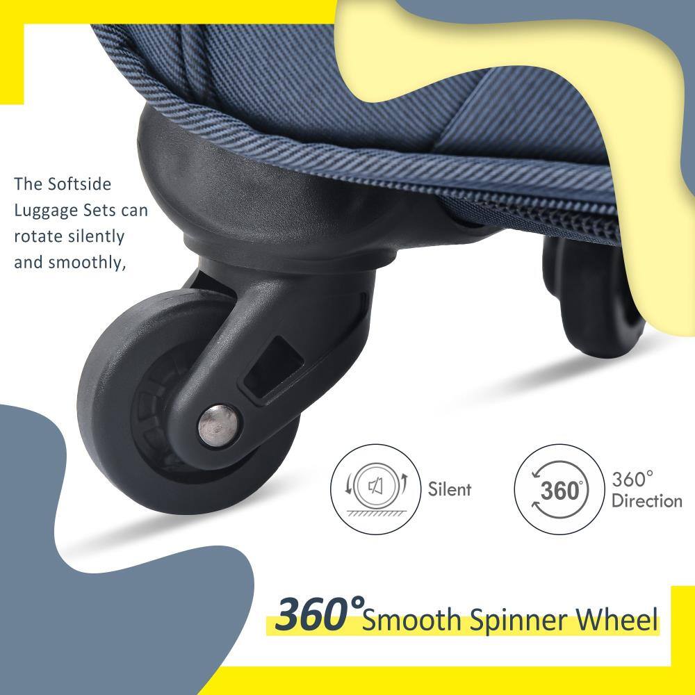 The Softside Luggage Sets can rotate silently and smoothly.

- Silent
- 360° Direction

360° Smooth Spinner Wheel