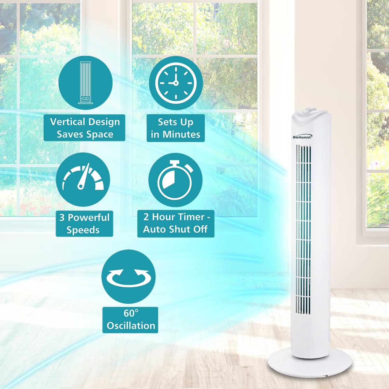 Vertical Design Saves Space  
Sets Up in Minutes  
3 Powerful Speeds  
2 Hour Timer - Auto Shut Off  
60° Oscillation