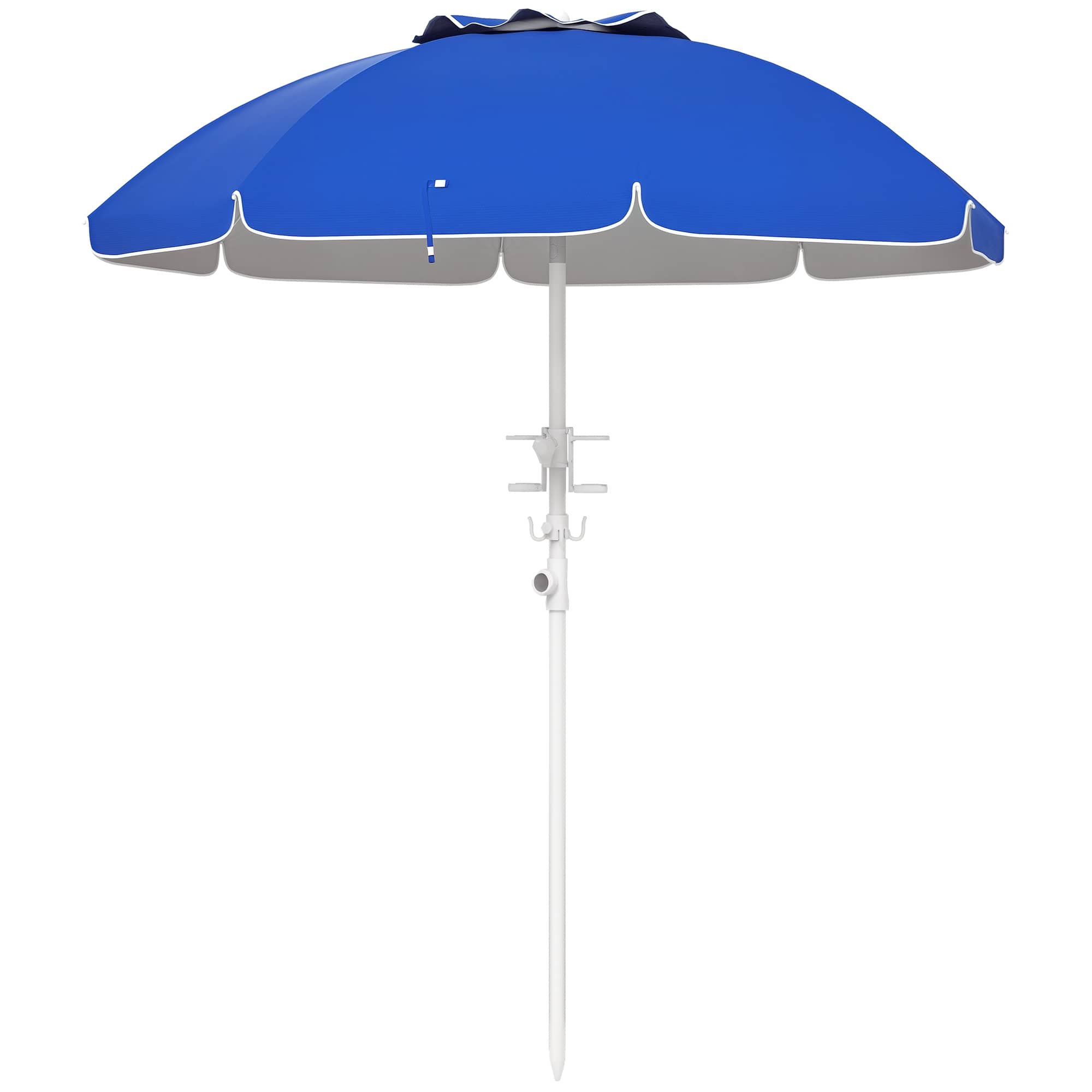 Outsunny - Beach Umbrella for Travel with Tilt, Adjustable Height, 2 Cup Holders, Hooks, Vent, Ruffles - Blue