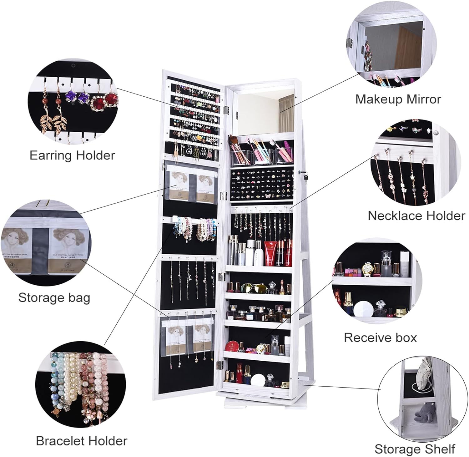 Makeup Mirror  
Earring Holder  
Necklace Holder  
Storage bag  
Receive box  
Bracelet Holder  
Storage Shelf