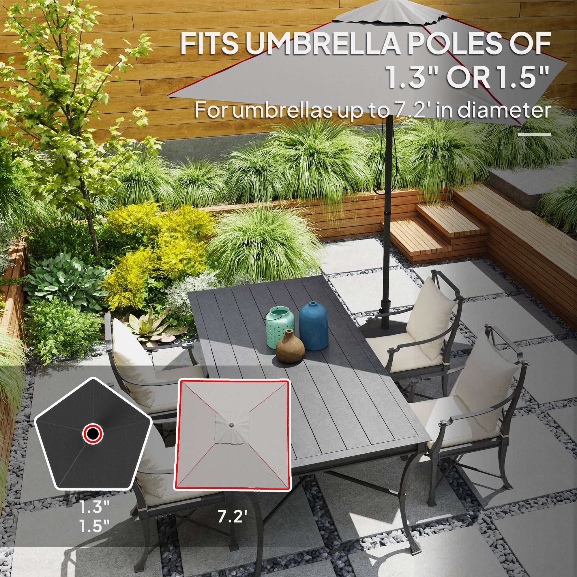 FITS UMBRELLA POLES OF 1.3" OR 1.5" For umbrellas up to 7.2" in diameter - 1.3" 1.5" 7.2"