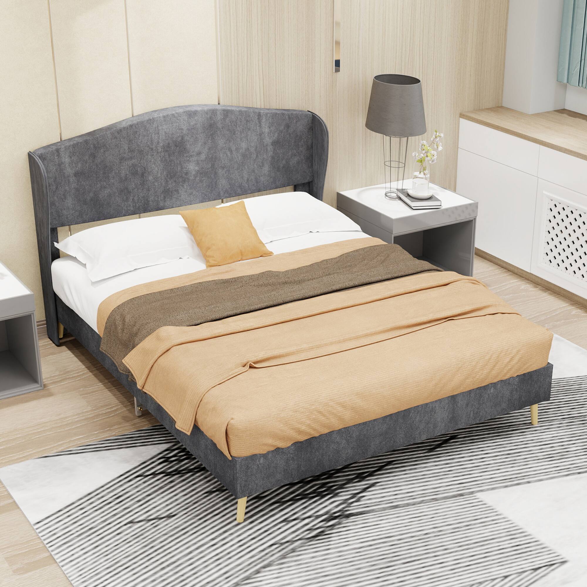 Alt View 9. GOODSILO - Luxury Velvet Upholstered Platform Bed with Tufted Headboard for Master Bedroom and Guest Rooms - Grey.