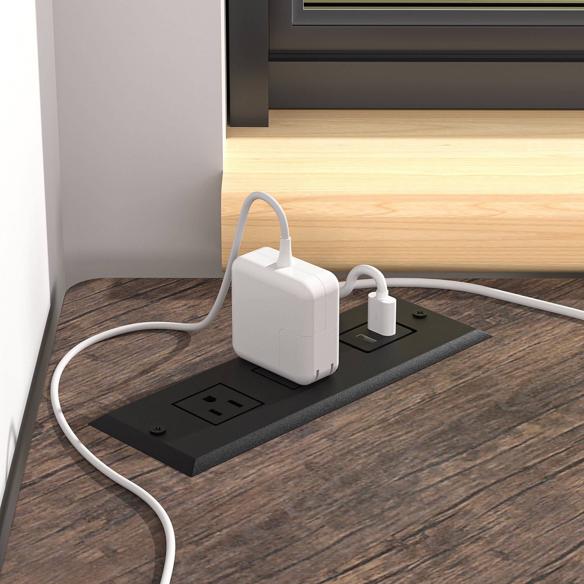 Left. Vecelo - 41" Corner Computer Desk with Keyboard Tray & Storage Shelf - Triangle Space Saving Design, Metal Frame for Home Office - Brown with socket.