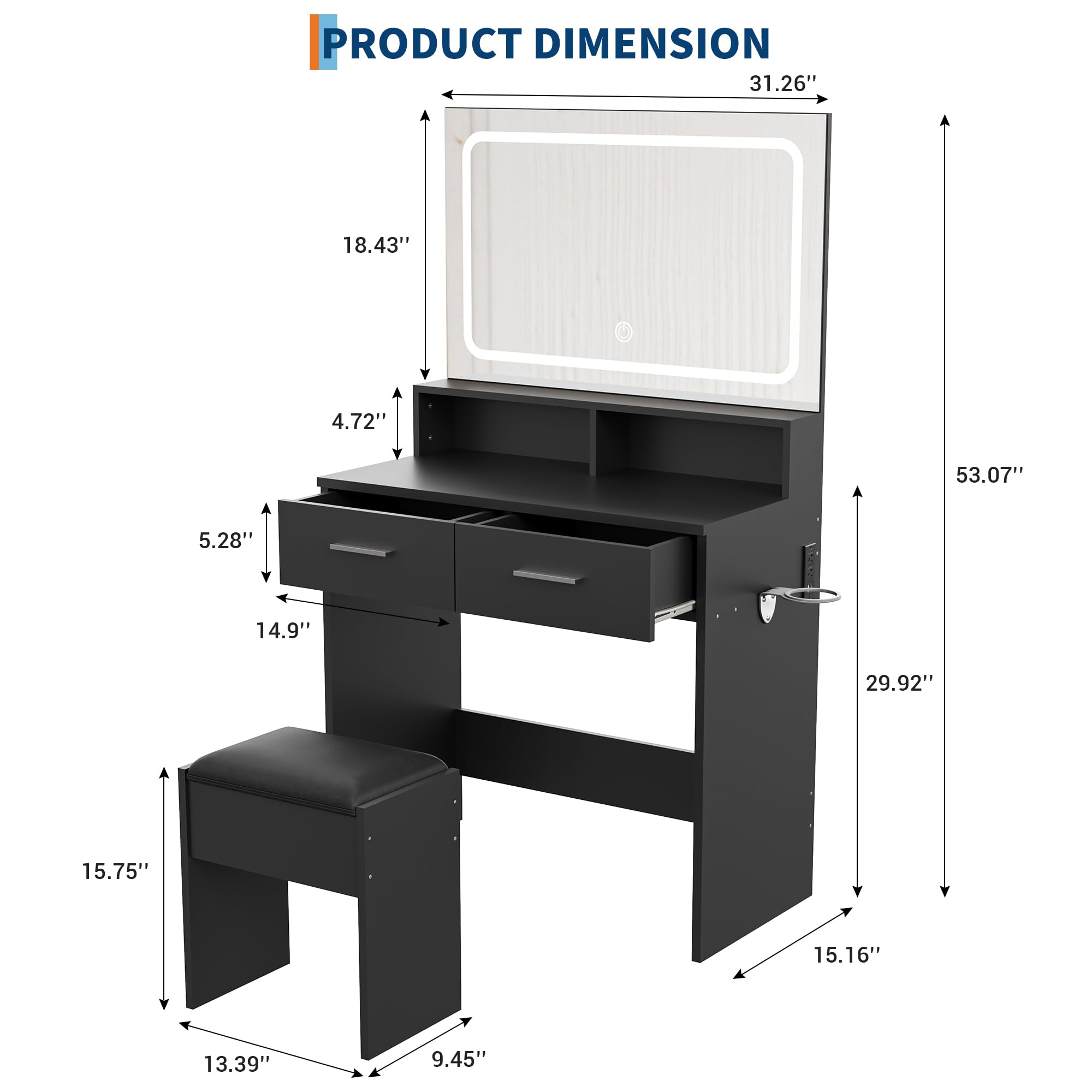 PRODUCT DIMENSION

- Width: 31.26"
- Height: 53.07"
- Depth: 29.92"
- Screen Height: 18.43"
- Drawer Height: 4.72"
- Drawer Depth: 14.9"
- Drawer Width: 5.28"
- Stool Height: 15.75"
- Stool Depth: 13.39"
- Stool Width: 9.45"
- Side Panel Height: 15.16"