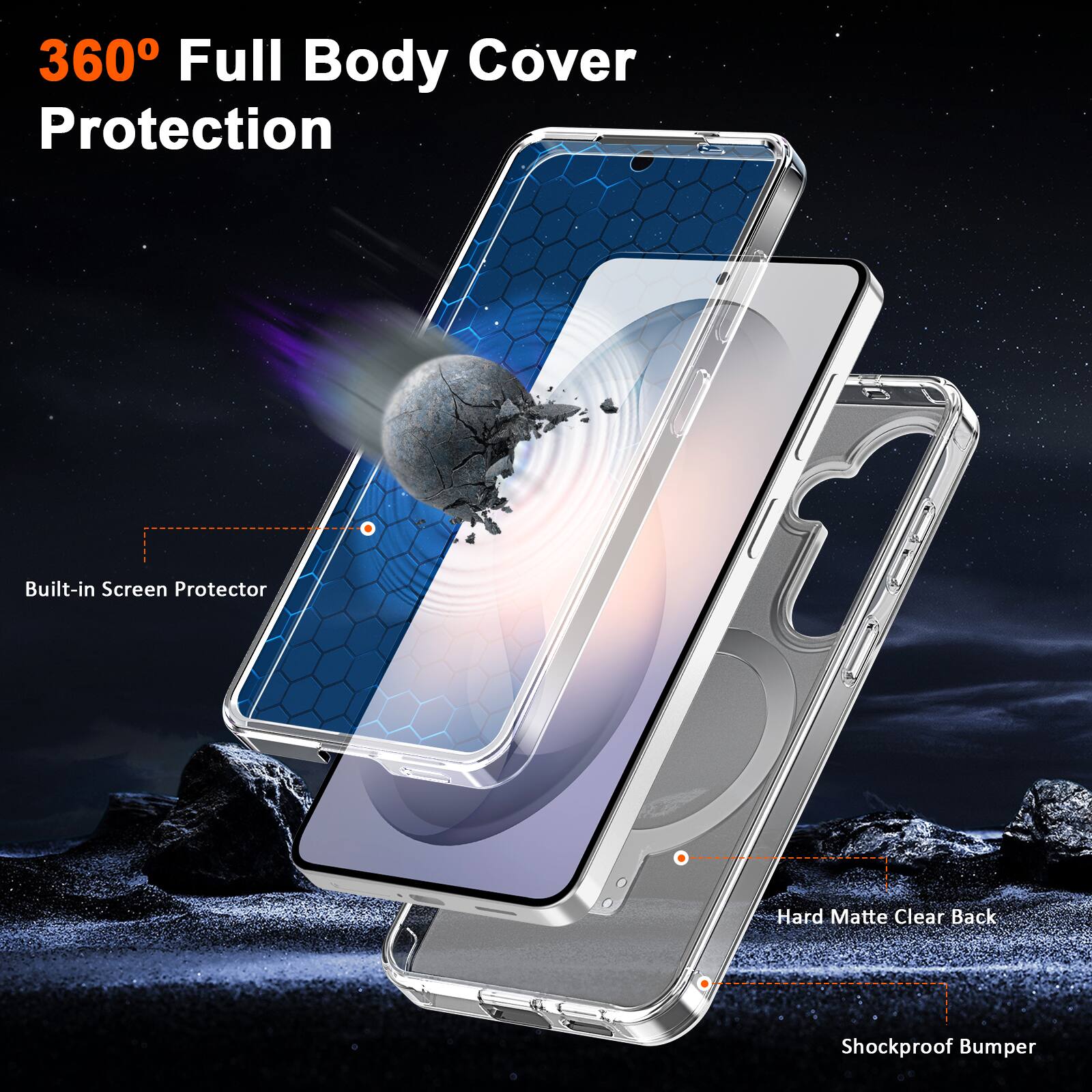 360° Full Body Cover Protection

- Built-in Screen Protector
- Hard Matte Clear Back
- Shockproof Bumper