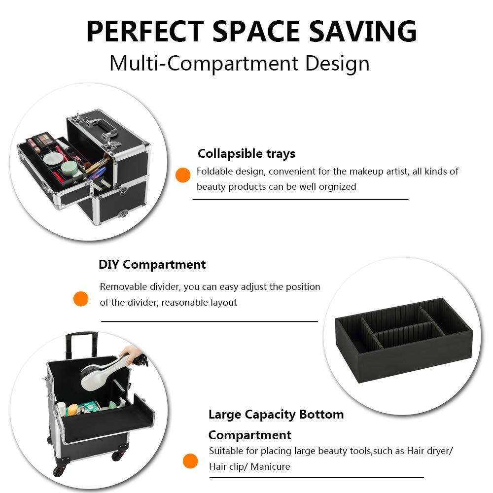 PERFECT SPACE SAVING  
Multi-Compartment Design

- **Collapsible trays**  
  Foldable design, convenient for the makeup artist, all kinds of beauty products can be well organized

- **DIY Compartment**  
  Removable divider, you can easily adjust the position of the divider, reasonable layout

- **Large Capacity Bottom Compartment**  
  Suitable for placing large beauty tools, such as Hair dryer/ Hair clip/ Manicure
