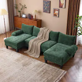Winado - 110" Sectional Couches Chenille Upholstery U-Shape 4 Seat Sofa Set with Double Chaises & Wood Grain Legs for Living Room - Green