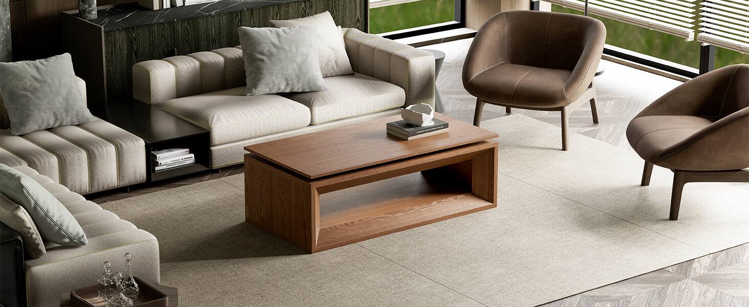 Alt View 6. Loheer - Loheer 43.3 Inch Walnut Lift Top Coffee Table with Hidden Storage Adjustable Height Modern Tea Table for Living Room - Walnut.