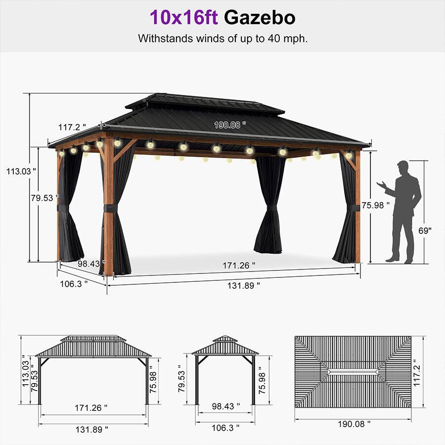 10x16ft Gazebo Withstands winds of up to 40 mph.

- 117.2"
- 190.08"
- 113.03"
- 79.53"
- 75.98"
- 69"
- 98.43"
- 171.26"
- 106.3"
- 131.89"

Dimensions:
- 113.03"
- 79.53"
- 171.26"
- 75.98"
- 98.43"
- 117.2"
- 131.89"
- 106.3"
- 190.08"