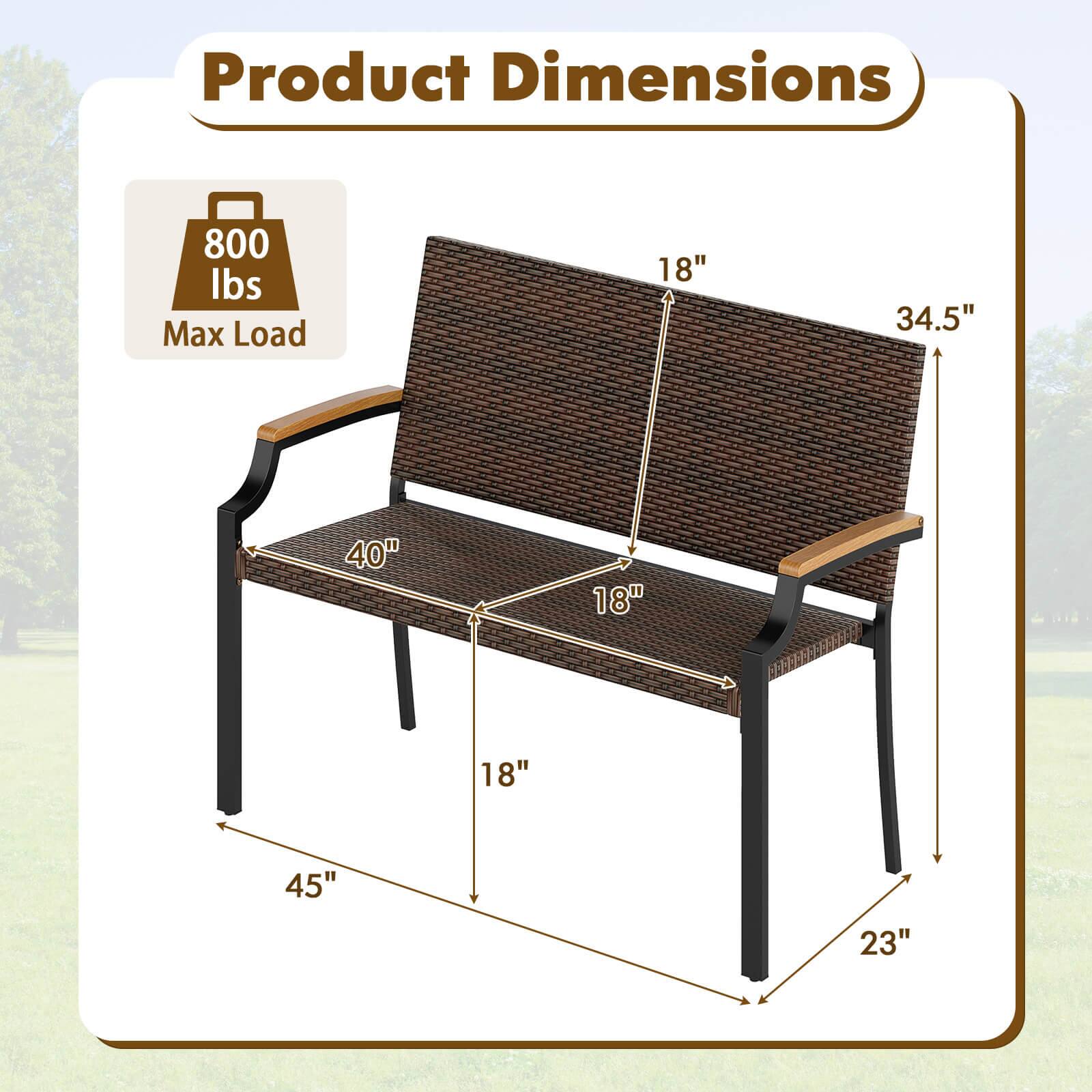 Product Dimensions  
Max Load: 800 lbs  
- Length: 45"  
- Width: 34.5"  
- Height: 23"  
- Seat Depth: 18"  
- Back Height: 40"  
- Armrest Height: 18"