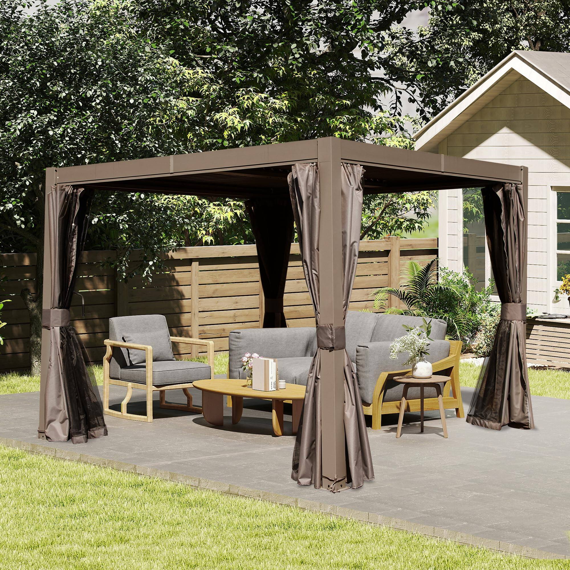 Alt View 6. Loheer - Loheer Louvered Pergola 10x10 Brown Outdoor Pergola with Adjustable Louvers and Curtains for Patio Backyard.