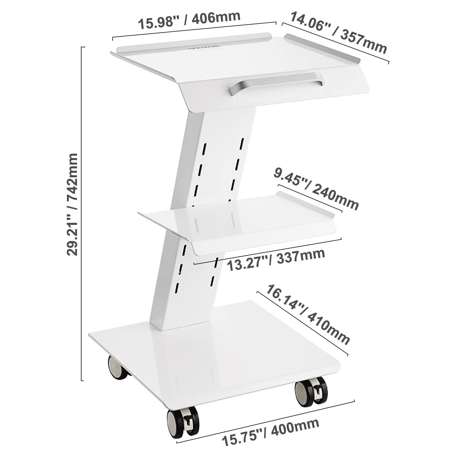 15.98" / 406mm, 14.06" / 357mm, 29.21" / 742mm, 9.45" / 240mm, 13.27" / 337mm, 16.14" / 410mm, 15.75" / 400mm