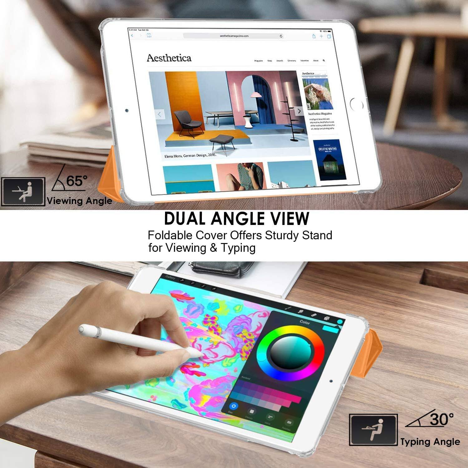 tuttAck see  
westbelcamage.com  
:  
Aesthetica  
Diestry  
ludado  
lestrotica thagaine  
ingouric Aphelive mistroliciones  
Elena Mera, Gennan Design, 2016.  
65 Viewing Angle  
DUAL ANGLE VIEW Foldable Cover Offers Sturdy Stand for Viewing & Typing  
Color  
30 Typing Angle