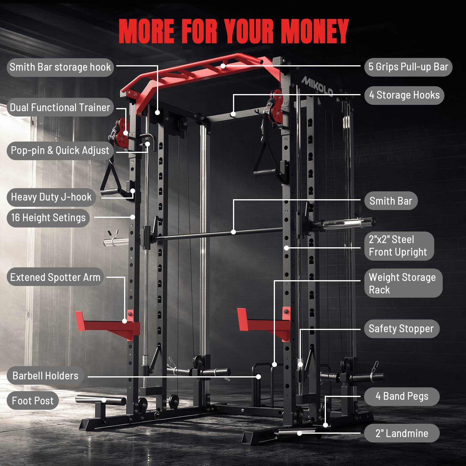 MORE FOR YOUR MONEY

Smith Bar storage hook  
Dual Functional Trainer  
Pop-pin & Quick Adjust  
Heavy Duty J-hook  
16 Height Settings  
Extended Spotter Arm  
Barbell Holders  
Foot Post  

5 Grips Pull-up Bar  
4 Storage Hooks  
Smith Bar  
2"x2" Steel Front Upright  
Weight Storage Rack  
Safety Stopper  
4 Band Pegs  
2" Landmine