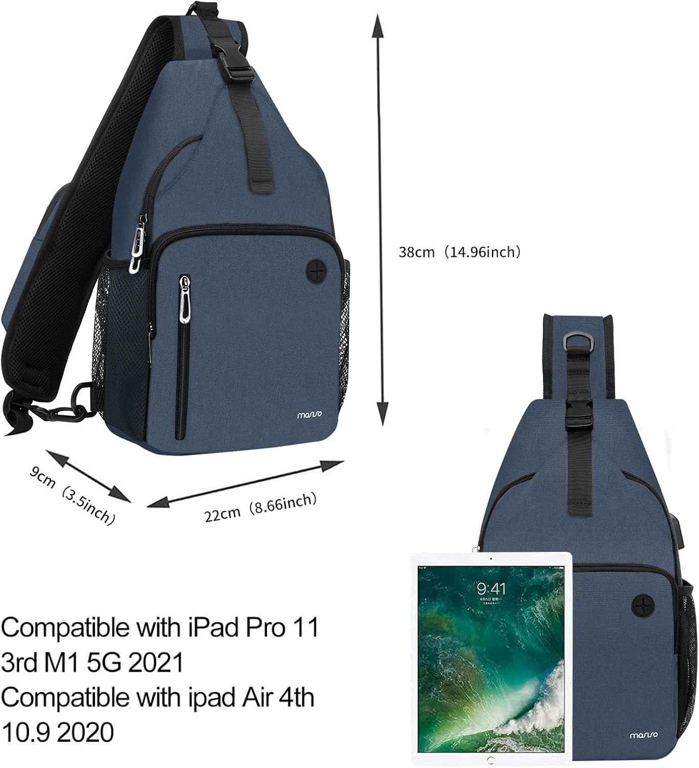 38cm (14.96inch)  
9cm (3.5inch)  
22cm (8.66inch)  

Compatible with iPad Pro 11 3rd M1 5G 2021  
Compatible with iPad Air 4th 10.9 2020