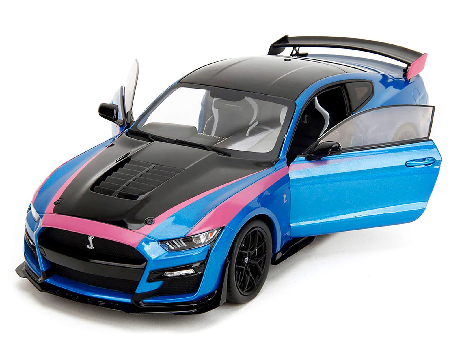 Alt View 1. Jada - Ford Mustang Shelby GT500 Blue Metallic with Pink Stripes and Black Hood & Top "Pink Slips" 1/24 Model Car by Jada - Multicolor.