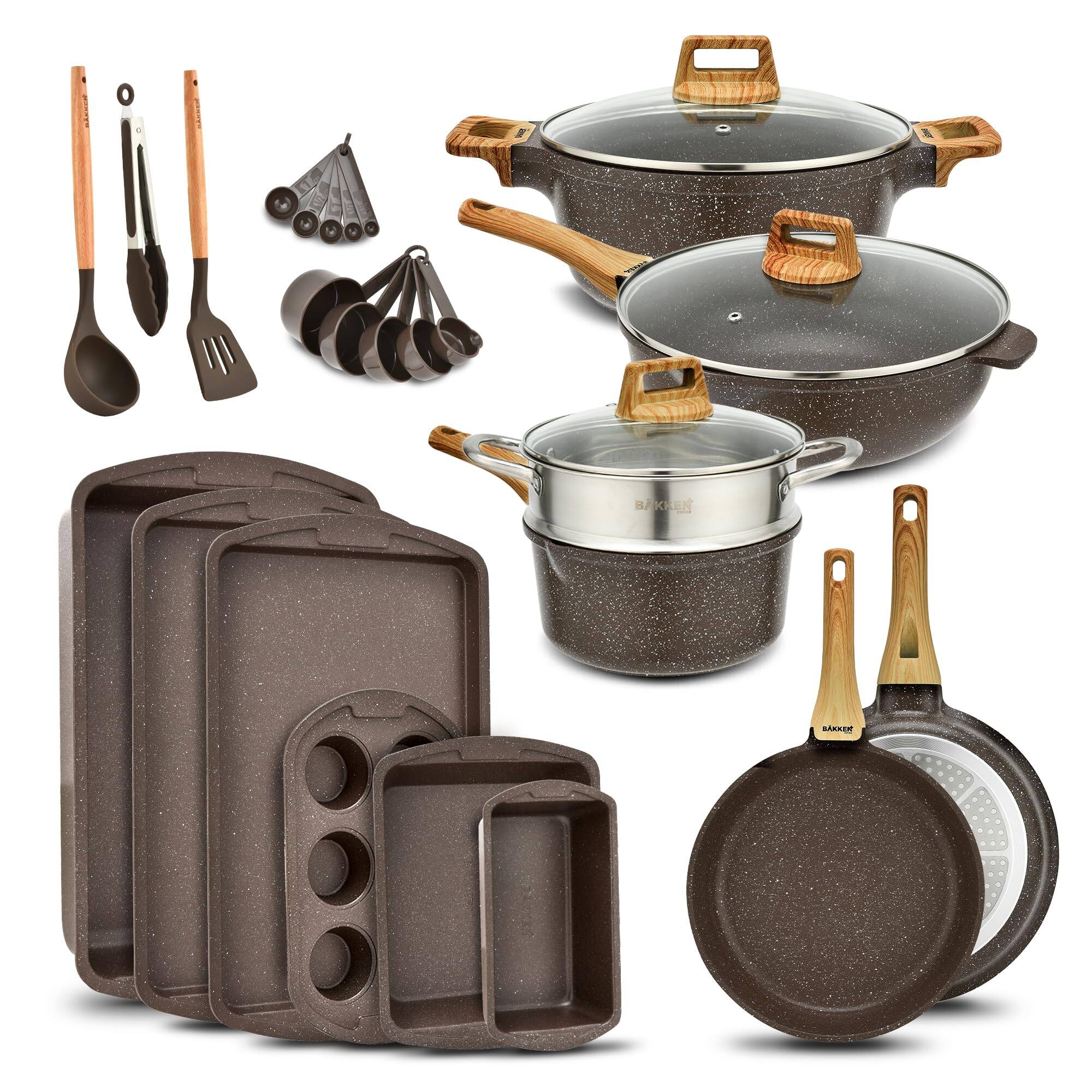 Bakken- Swiss - Kitchen Cookware Set - Nonstick Granite Coating, Pots and Pans with Handle Grips and Tempered Glass Lids, PFOA, PFOS, PT - Brown Marble