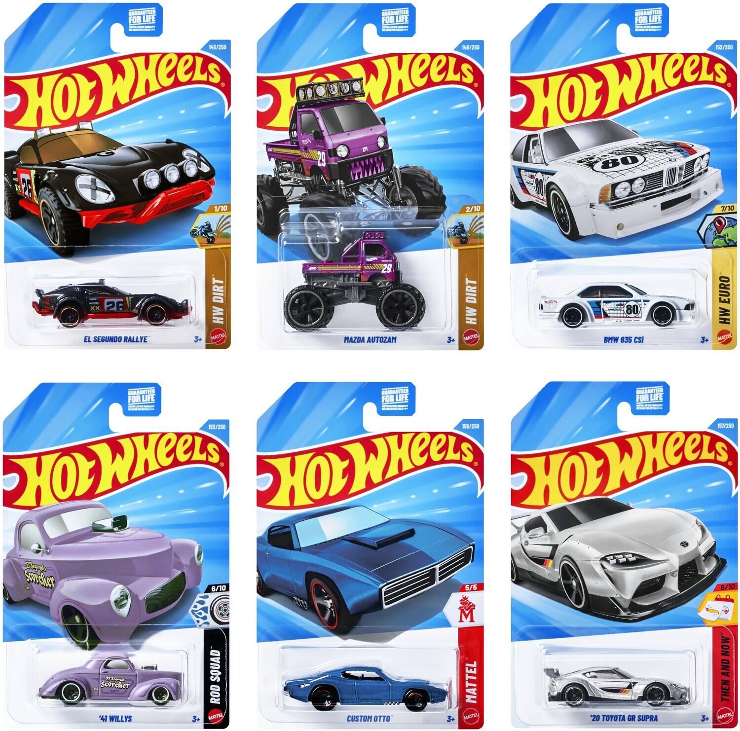 Sure, here is the corrected and grouped text from the image:

---

**Top Row:**

1. **Left:**
   - Hot Wheels
   - EL SEGUNDO RALLYE
   - 1/10
   - MAZDA 3+
   - HW DIRT
   - 3+
   - N°2/290

2. **Middle:**
   - Hot Wheels
   - MAZDA AZWAZAM
   - 2/10
   - HW DIRT
   - 3+
   - N°2/290

3. **Right:**
   - Hot Wheels
   - BMW 635 CSI
   - 7/10
   - HW EURO
   - 3+
   - N°2/290

**Bottom Row:**

1. **Left:**
   - Hot Wheels
   - "4" WILLYS
   - SQUAD ROD - CUSTOM OTTO
   - 8/10
   - 3+
   - N°2/290

2. **Middle:**
   - Hot Wheels
   - CUSTOM OTTO
   - 