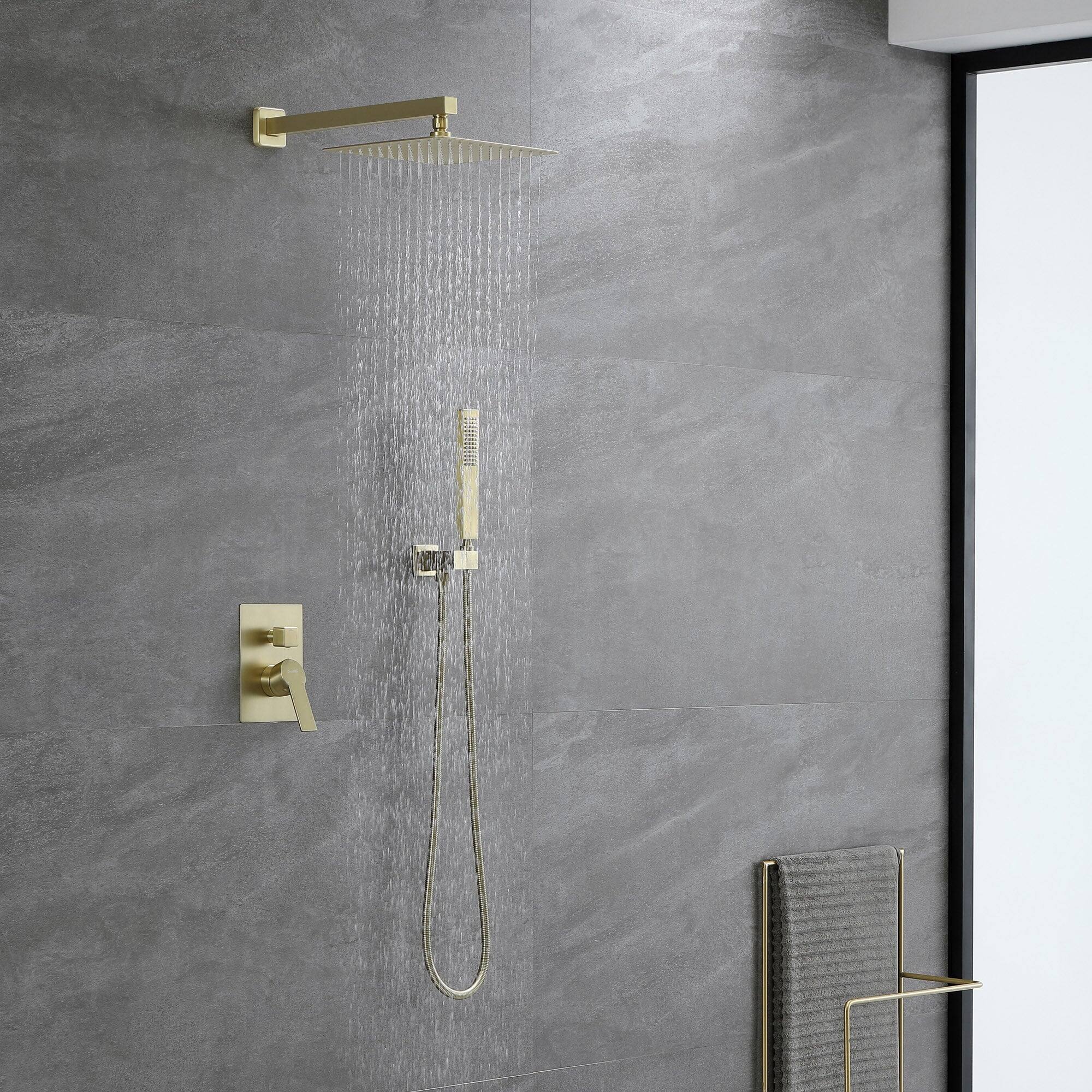 Left. Boyel Living - 1-Spray Patterns with 2.5 GPM 10 in. Wall Mount Dual Shower Heads with Pressure Balance Valve in Brushed Gold - Brushed Gold.
