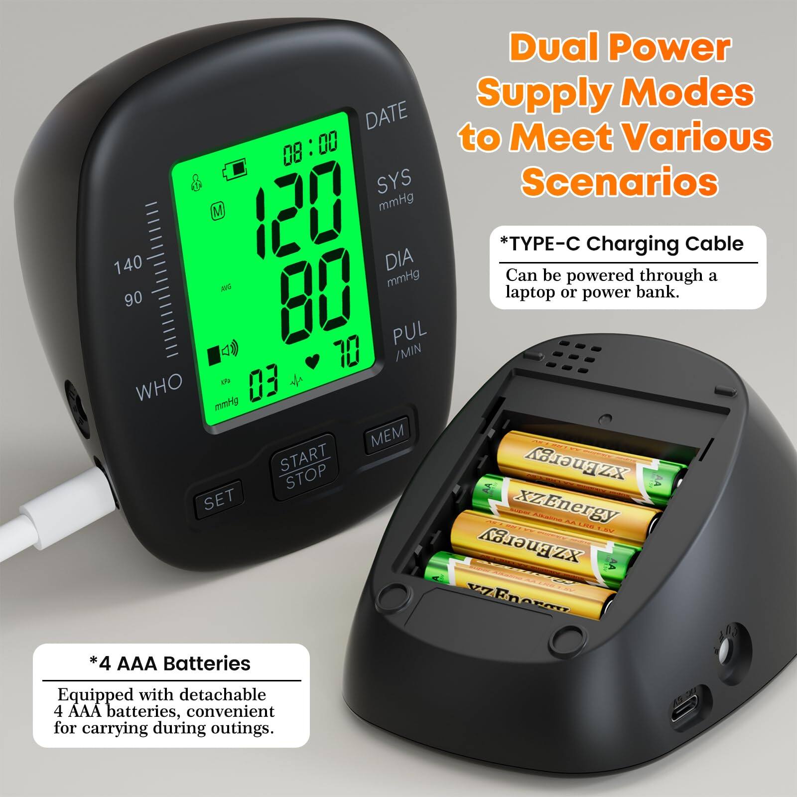 Dual Power Supply Modes to Meet Various Scenarios

*TYPE-C Charging Cable
Can be powered through a laptop or power bank.

*4 AAA Batteries
Equipped with detachable 4 AAA batteries, convenient for carrying during outings.