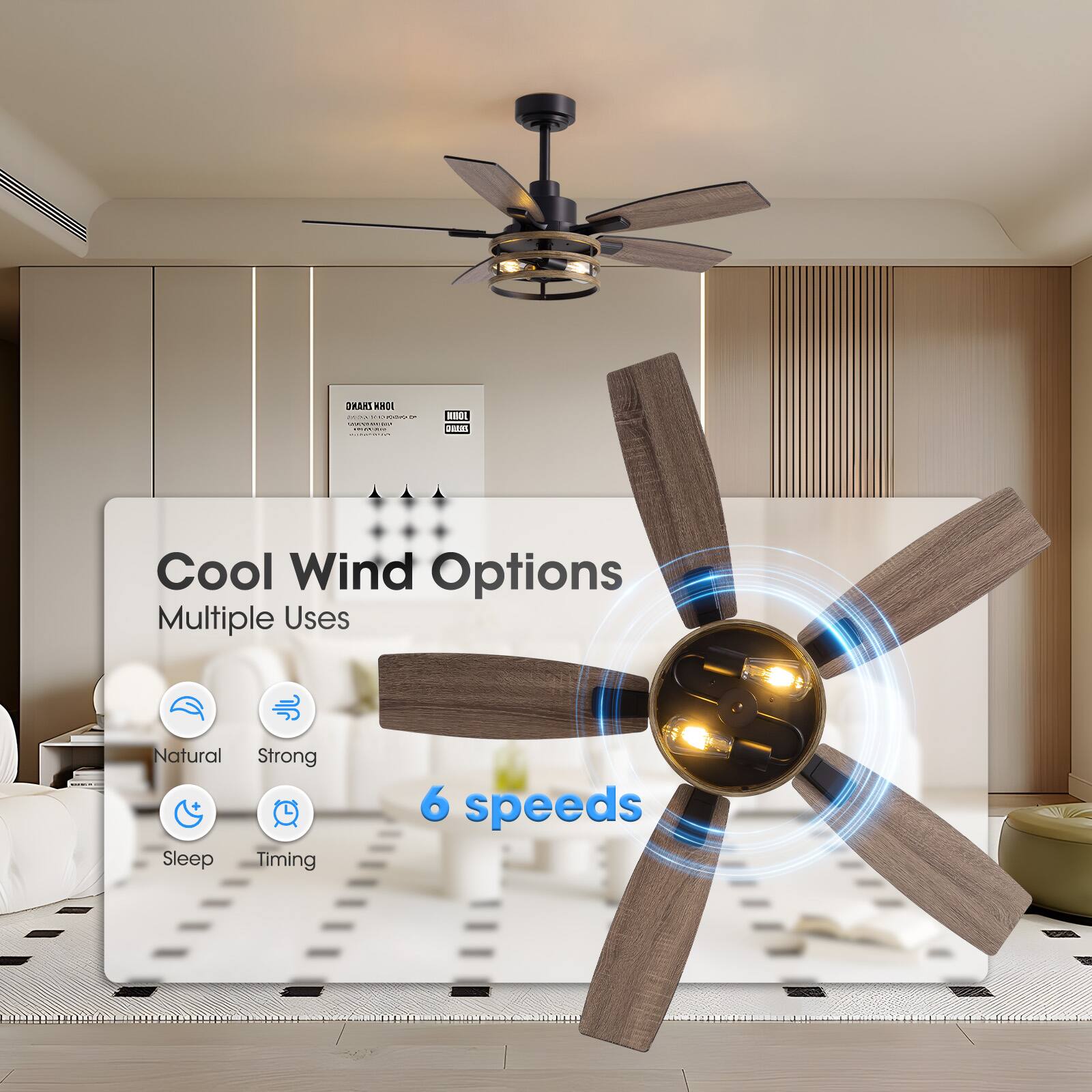 Cool Wind Options  
Multiple Uses  
6 speeds  

Natural  
Strong  
Sleep  
Timing