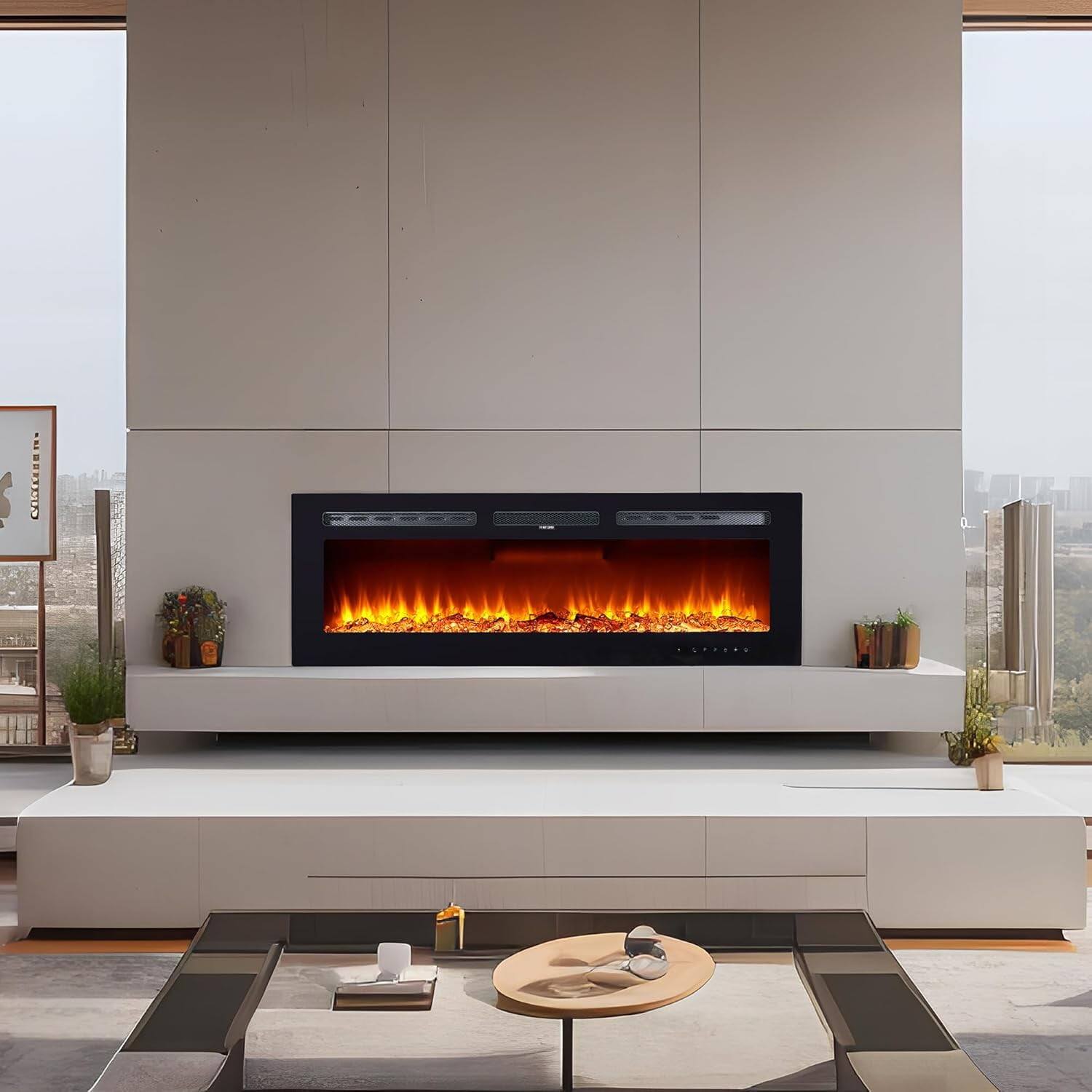 Left. Jojoka - 50" Wall-Mounted Electric Fireplace, 750W/1500W, 12 Flame Colors, Remote/WiFi Control, Slim Design - Black.