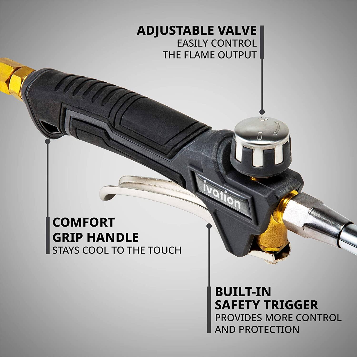 ADJUSTABLE VALVE EASILY CONTROL THE FLAME OUTPUT

COMFORT GRIP HANDLE STAYS COOL TO THE TOUCH

BUILT-IN SAFETY TRIGGER PROVIDES MORE CONTROL AND PROTECTION