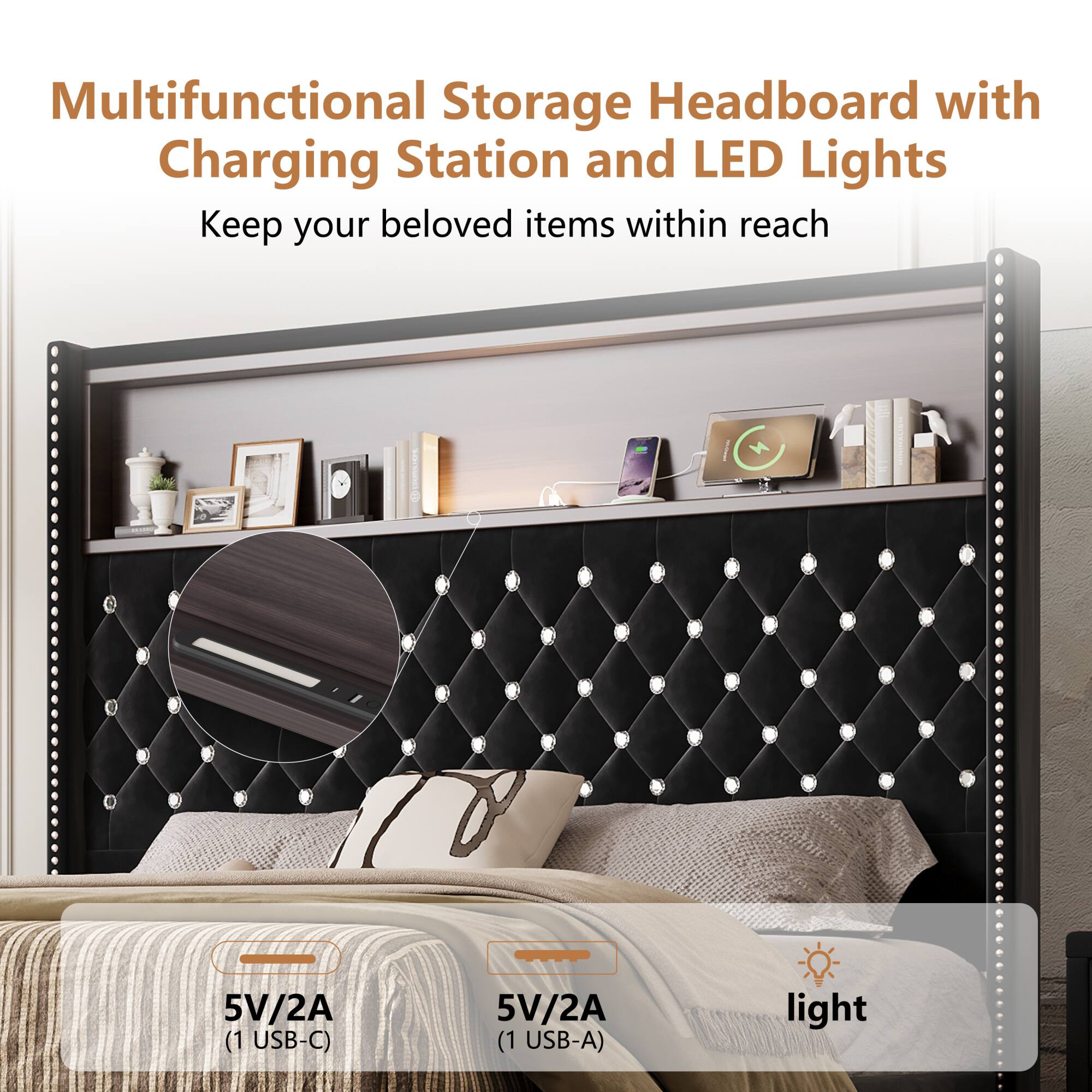 Multifunctional Storage Headboard with Charging Station and LED Lights  
Keep your beloved items within reach  

5V/2A (1 USB-C)  
5V/2A (1 USB-A)  
light