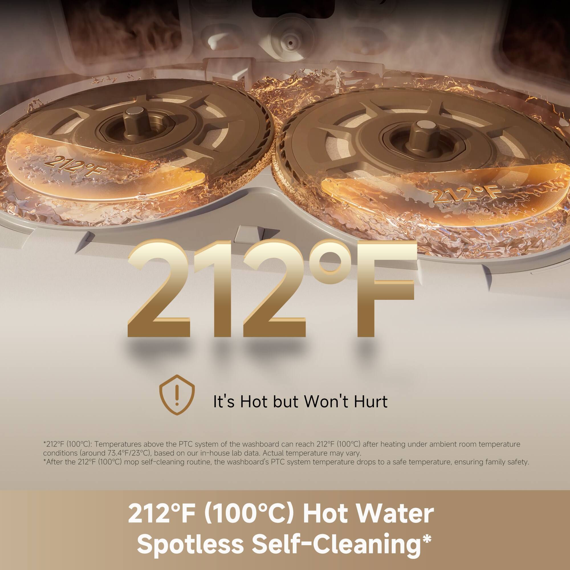 212°F 212°F 212°F! It's Hot but Won't Hurt

212°F (100°C) Temperatures above the PTC system of the washboard can reach 212°F (100°C) after heating under ambient room temperature conditions (around 73.4°F/23°C) based on our in-house lab data. Actual temperature may vary. After the 212°F (100°C) mop self-cleaning routine, the washboard's PTC system temperature drops to a safe temperature, ensuring family safety.

212°F (100°C) Hot Water Spotless Self-Cleaning*

*212°F (100°C): Temperatures above the PTC system of the washboard can reach 212°F (100°C) after heating under ambient room temperature conditions (around 73.4°F/23°C), based on our in-house lab data. Actual temperature may vary.
*After the 212°F (100°C) mop self-cleaning routine, the washboard's PTC system temperature drops to a safe temperature, ensuring family safety.