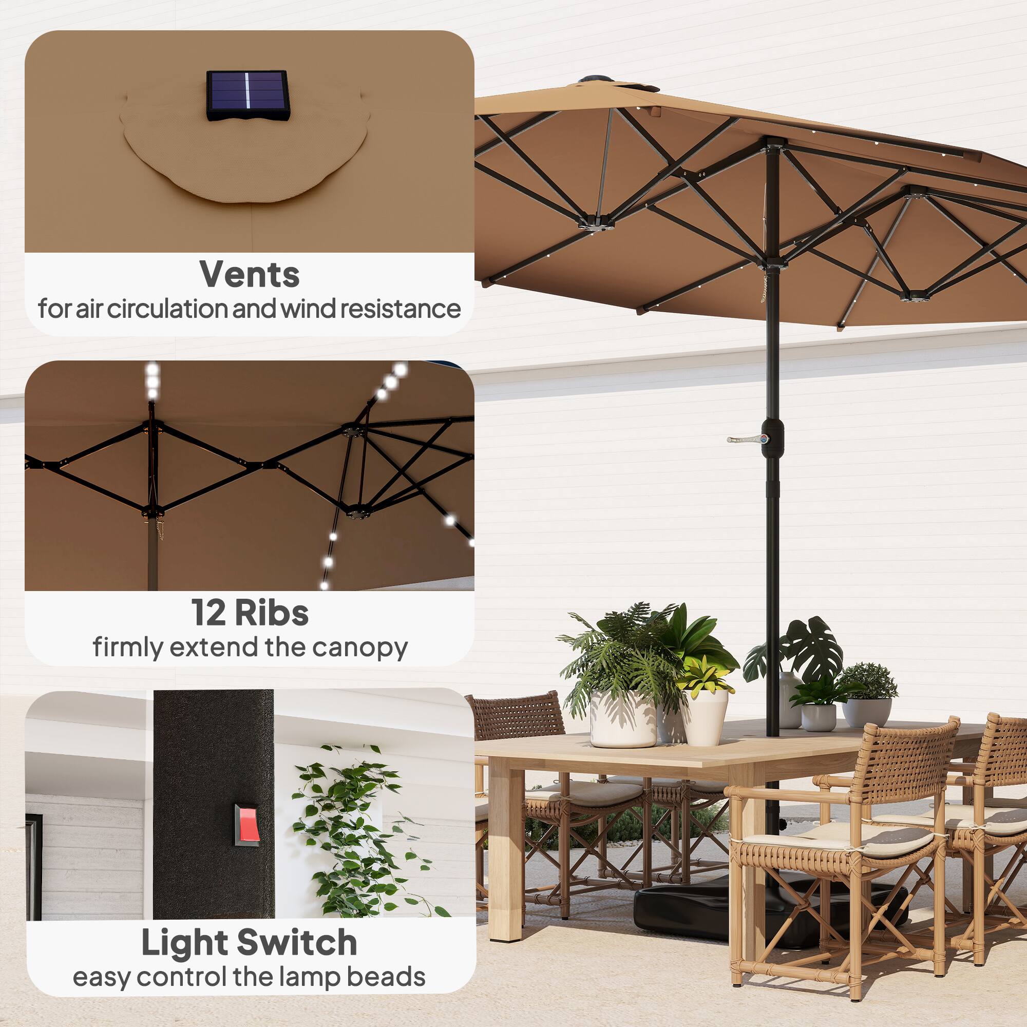 Vents for air circulation and wind resistance  
12 Ribs firmly extend the canopy  
Light Switch easy control the lamp beads