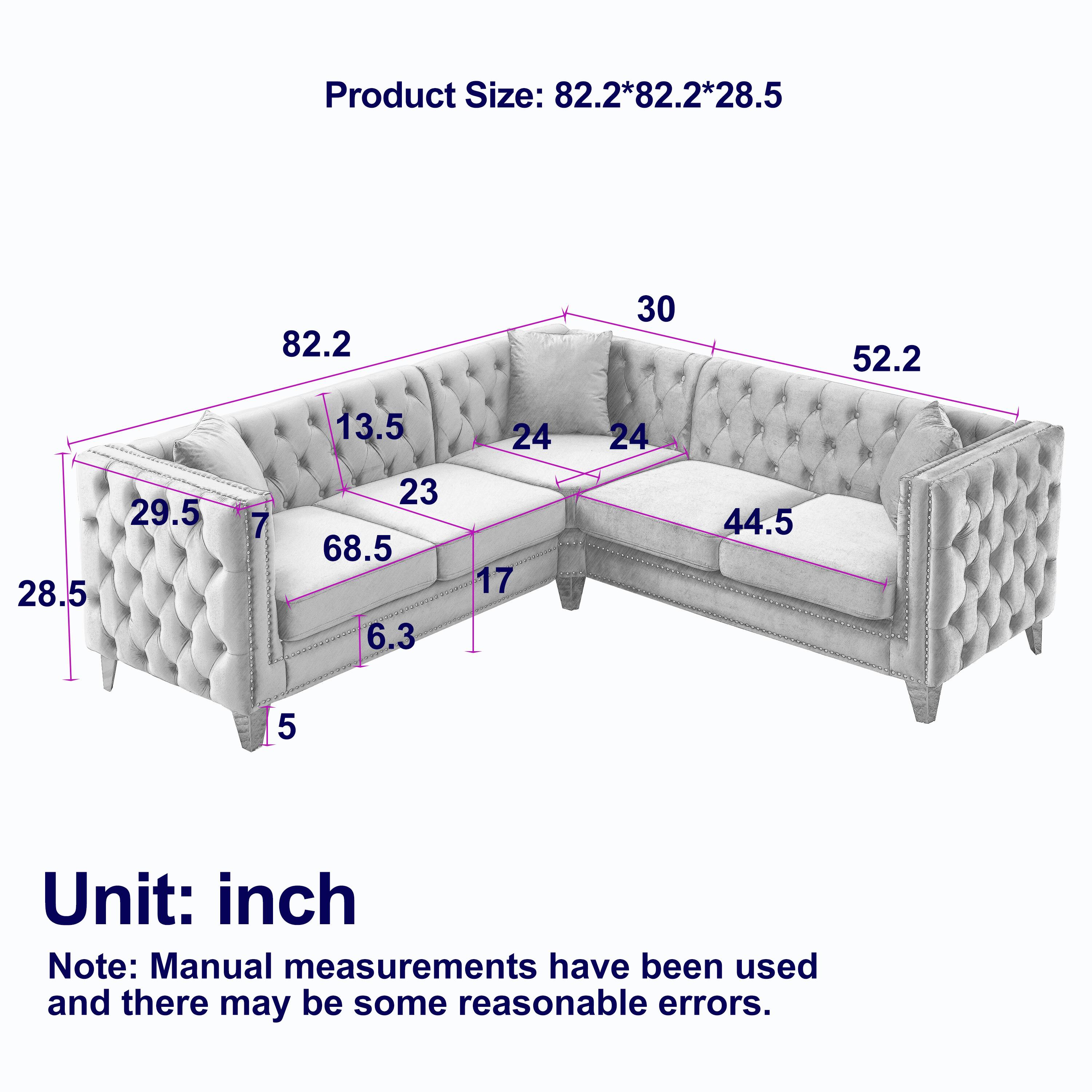 Product Size: 82.2*82.2*28.5  
82.2  
30  
52.2  
28.5  
29.5  
7  
13.5  
23  
68.5  
6.3  
24  
17  
24  
44.5  
5  
Unit: inch  

Note: Manual measurements have been used and there may be some reasonable errors.