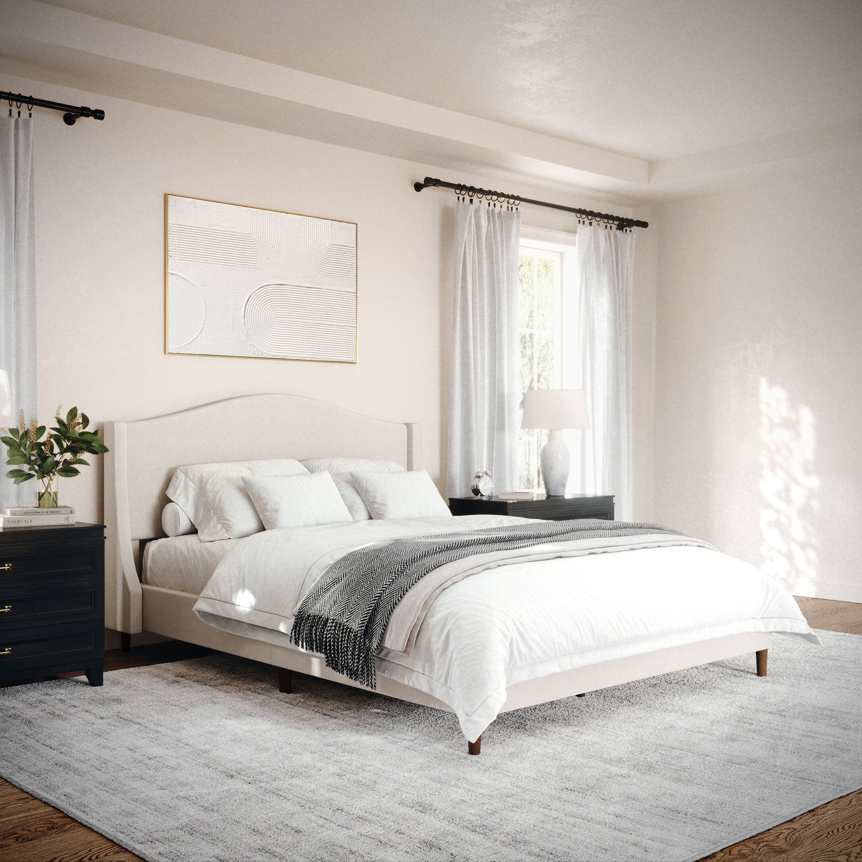 Alt View 14. Martha Stewart - Amelia Faux Linen Upholstered Queen Size Platform Bed with Curved Headboard - Beige Fabric/Walnut Legs.