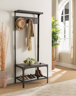 Kings Brand Furniture - 3-in-1 Hall Tree with Coat Rack, Shoe Bench & Storage Shelf - Black