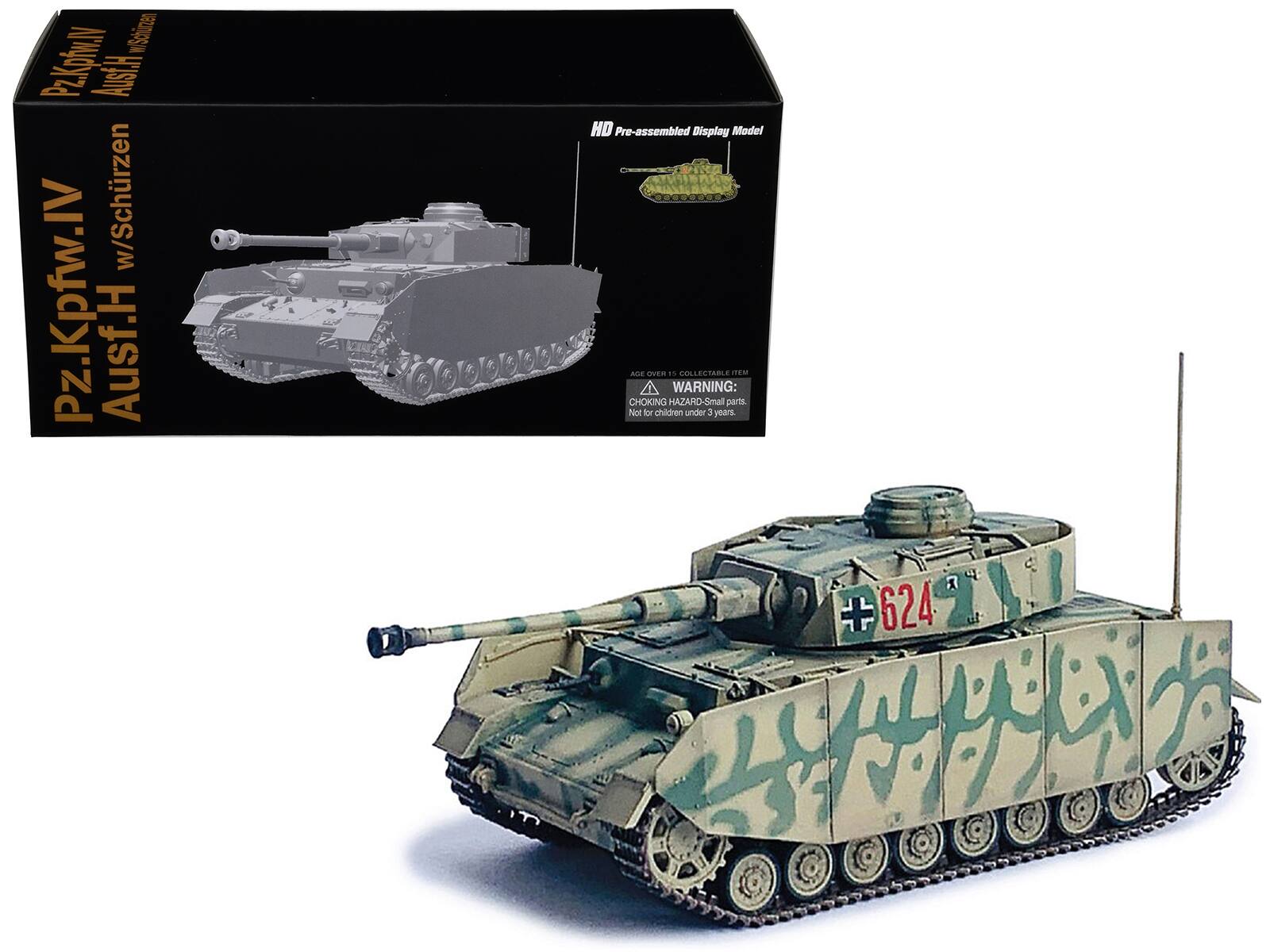 Pz.Kpfw.IV Ausf.H w/Schürzen  
HD Pre-assembled Display Model  
AGE 14+ COLLECTIBLE  
WARNING: CHOKING HAZARD - Small parts. Not for children under 3 years.  
1 + 624