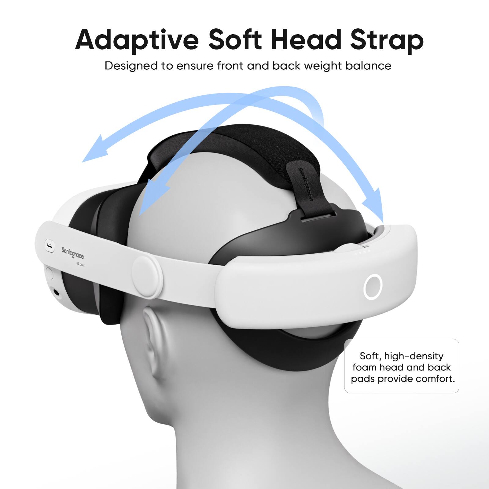Adaptive Soft Head Strap  
Designed to ensure front and back weight balance  

Soft, high-density foam head and back pads provide comfort.