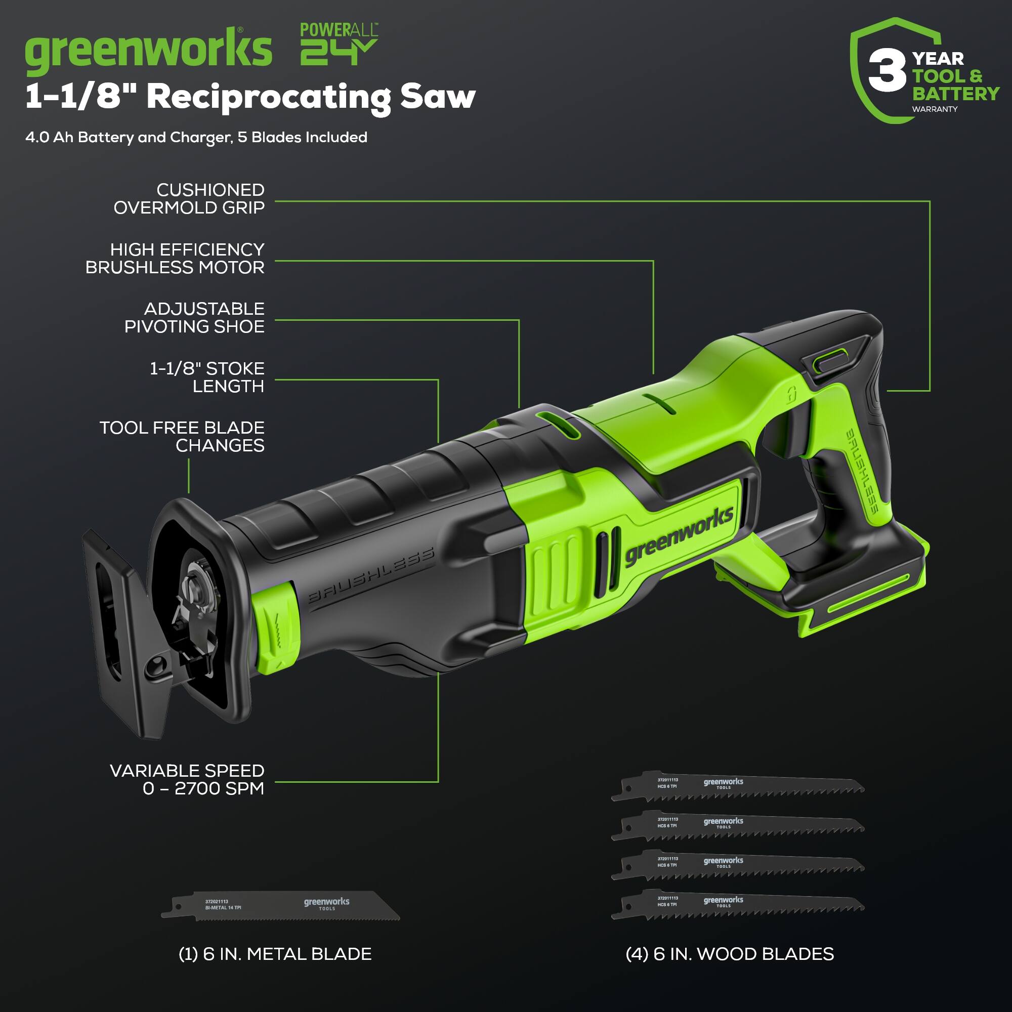 POWERALL greenworks 24V 1-1/8" Reciprocating Saw 4.0 Ah Battery and Charger, 5 Blades Included

- YEAR 3 TOOL & BATTERY WARRANTY
- CUSHIONED OVERMOLD GRIP
- HIGH EFFICIENCY BRUSHLESS MOTOR
- ADJUSTABLE PIVOTING SHOE
- 1-1/8" STROKE LENGTH
- TOOL FREE BLADE CHANGES

- VARIABLE SPEED 0-2700 SPM

- (1) 6 IN. METAL BLADE
- (4) 6 IN. WOOD BLADES