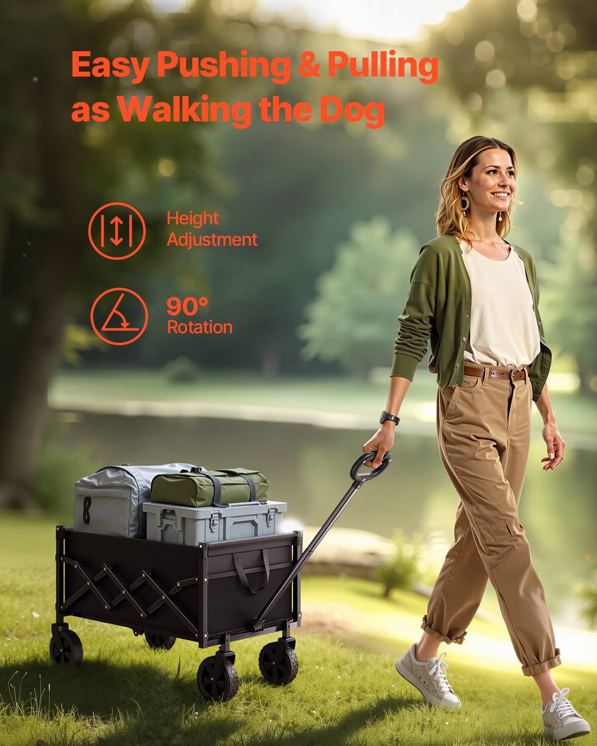 Easy Pushing & Pulling as Walking the Dog, Height Adjustment, 90° Rotation.