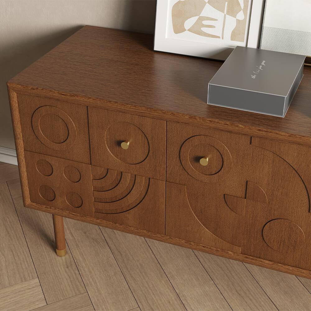 Alt View 2. POVISON - 94.49"Mid-Century Modern TV Stand, Wood Media Console with Cabinets, Tall-Cast Legs - Walnut Color.